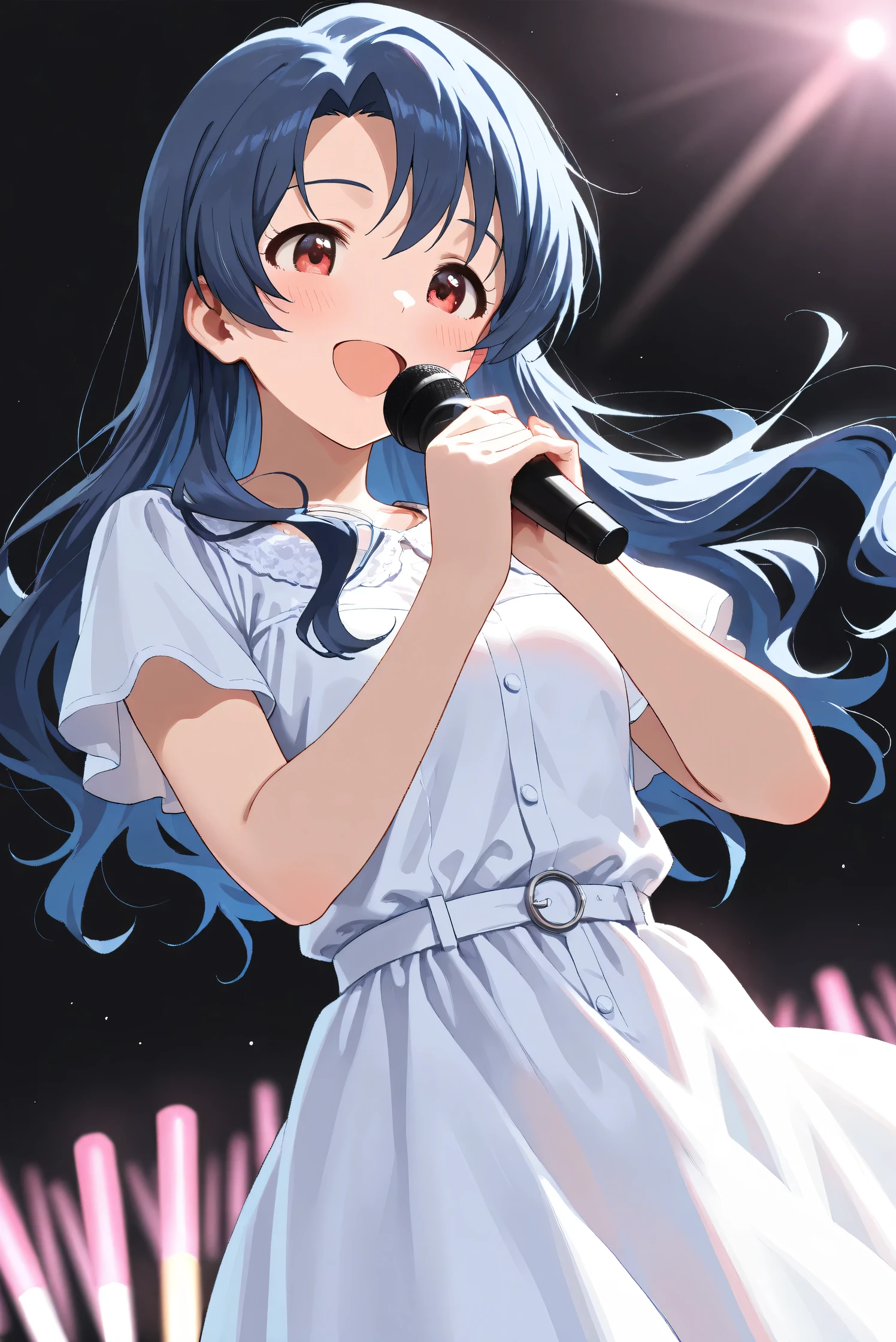 (Masterpiece), (Highest quality), (Very detailed),
(The best shape), (Best Shadow), (Absurd),
(Detailed background), (So beautiful), Shiny ,
Extraordinary, Countershading, 8k, 32K, High resolution,
Very Detailed CG, UHD,
Score_9, Score_8_up, Score_7_up, Source_anime,
(Pastel painting:1.2), (Watercolor painting:1.2),
(Masterpiece, Detailed:1.2), (Foreshortening:1.2),
Cinematic, Dramatic, (Depth of field:1.4),
(Blurry background:1.4),
Dynamic angle, 1 girl,
simple background, black background,
idol live,
pink glowsticks, pink lights,
Takayama Sayoko,
The idolmaster million live!,
blue hair, long hair, red eyes,
(Casual wear:1.3),
(White dress:1.2),
Cordless Microphone,
cowboy shot, Focus on face, close up shot,
(Blush:1.3), happy, smile, singing,
Realistic skin, Shiny skin,