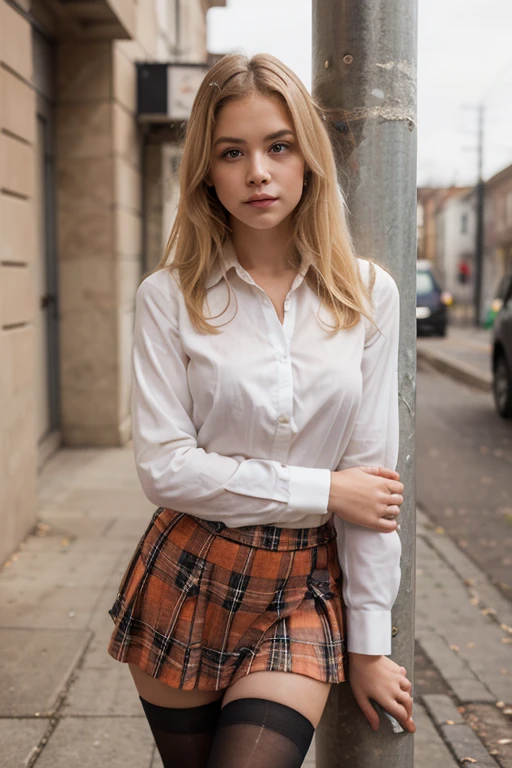 girl with white plain shirt and black pants and have half triangular shape checkered cloth in her side waist
