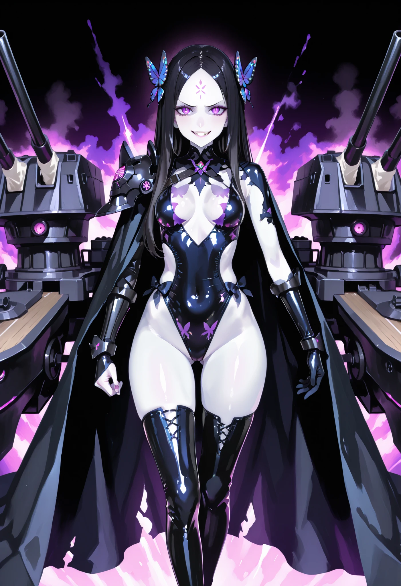 Dark magical girl. Black hair. Show forehead. Butterfly motif hair ornament. Long hair. Glowing purple eyes. Fearless smile. White skin. Thong swimsuit. Asymmetric shoulder armor. Oversized latex boots. Torn costume. Asymmetric Black cloak. Equipped with a small battleship. Mechanical monster fangs. Cannon turret. Stick out hand.