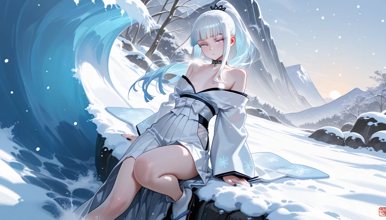 a woman wearing a pale blue yukata with a snowflake symbol, Japanese heels, ice white hair, ice blue eyes, expressionless face, large white fur cape, large breasts, full body, walking on a concrete platform overlooking a frozen lake and mountains in the background, some houses, daytime location with lighting,hdr, ultra resolution, sharp, masterpiece, 8K HD (solo woman)