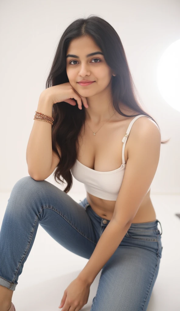 masterpiece, (photograph of a 24 year old indian woman), (Highly detailed face:1.4) (Smile:0.7)by lee jeffries ,Hyper realistic , wearing black top and jeans, showing cleavage, sitting in night club, beautiful eyes, fair white skin, beautiful face, looking at camera, smiling with glass of wine in hand