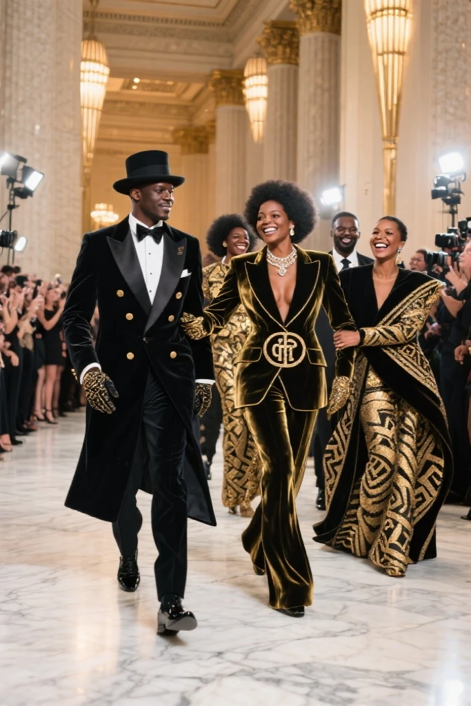 Create a triptych showcasing black individuals wearing fashion from different eras, from traditional African attire to 1920s Harlem Renaissance fashion, 1970s disco styles and contemporary streetwear, illustrating the evolution of black fashion and its influence on mainstream culture