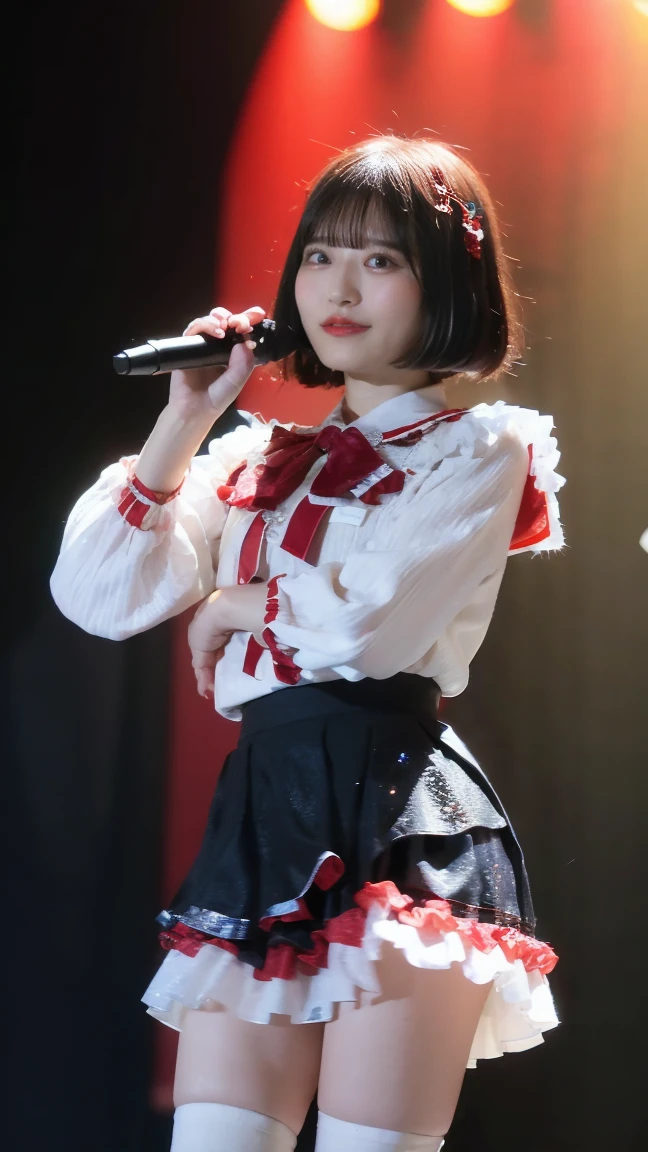 focus only,High resolution,high quality,white sleeveless shirt,ribbon,red plaid short skirt,Fishnet tights,brown hair,short bob,stage,