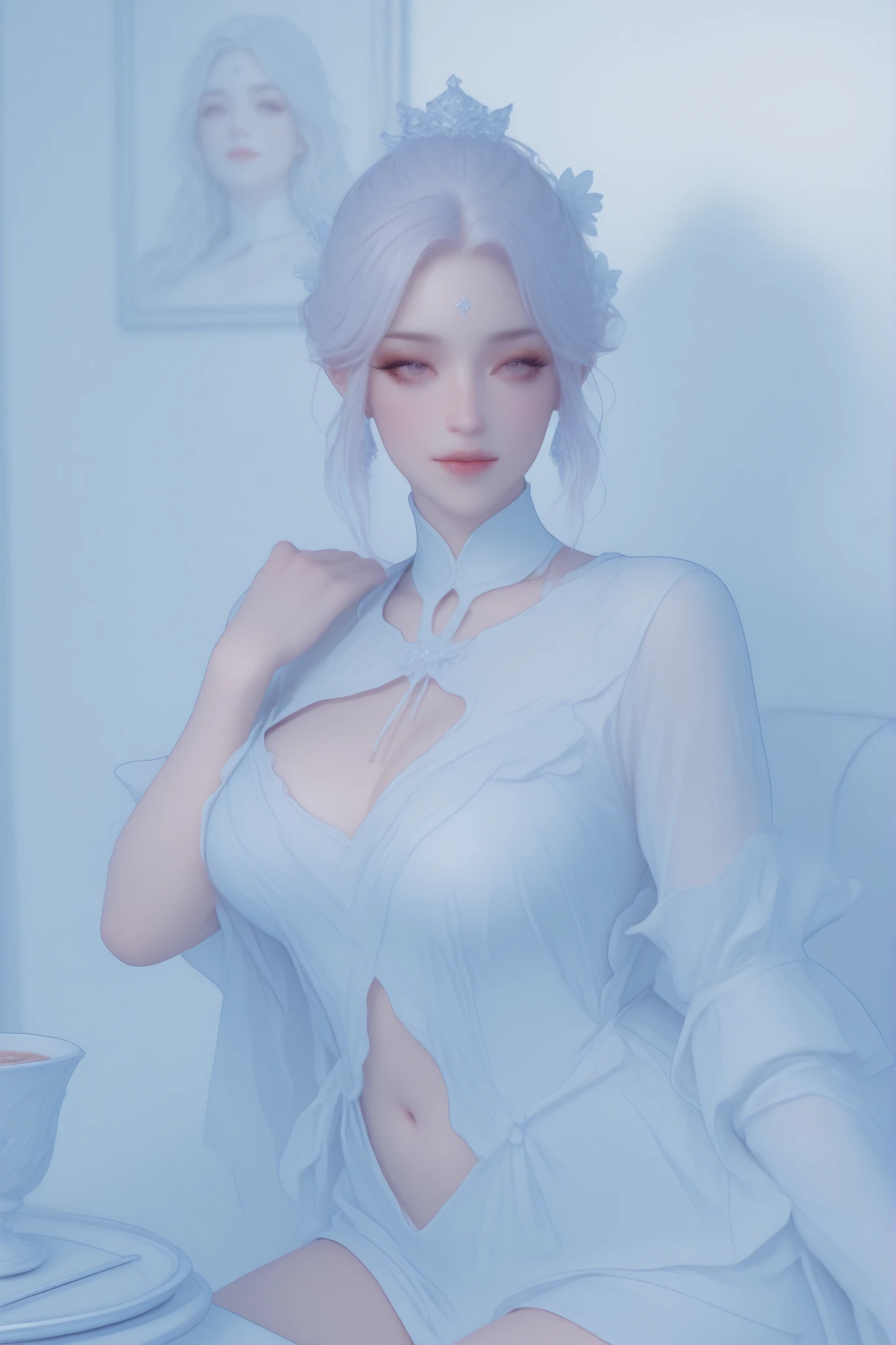 Change to a full-body photo of a woman，G cup， are perfectly detailed，has exquisite facial features， Clothes are exquisite ， Game Character Design ，3D Rendering