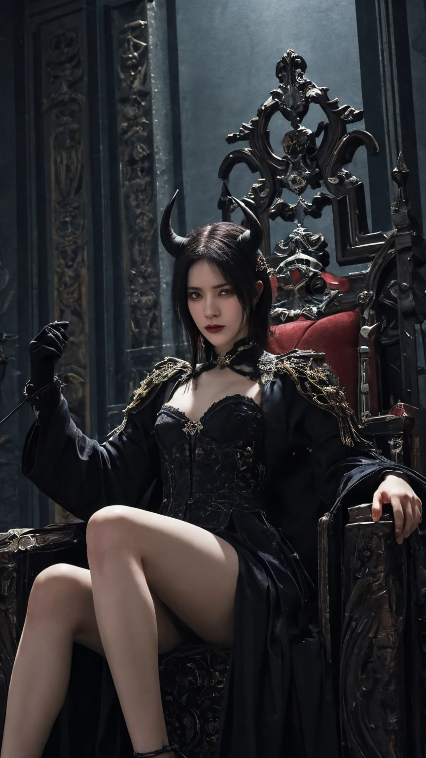 (highest quality、masterpiece、Award-winning work、Highest image quality、highest resolution、8K、super high detail)、the most beautiful devil princess、(The most luxurious devil princess&#39;s finest dress:1.1)、(The most luxurious and majestic costume:1.1)、The most complex and detailed texture、Finest wicked dress with the most intricate decoration、The most luxurious and highest quality giant tiara、The most luxurious and highest quality giant necklace、(The most realistic and intricately textured rough devil horns:1.1)、(Rough and creepy feathers with the most realistic texture:1.1)、(Rough feathers with a very complex and detailed texture:1.1)、(Rough corners with a very complex and detailed texture:1.1)、(High-quality jewelry decoration all over the body:1.1)、A bewitching and sexy expression staring at me、bewitching devil princess、big breasts、perfect makeup、evil eyeshadow、long eyelashes、black lipstick、accurate anatomy、cowboy shot、Very romantic and moody warm lighting、(blurred background)、Beautiful, fantastic and vivid sunset、The most luxurious and luxurious bedroom、devil princess&#39;s evil bedroom、Spooky decoration、Evil decoration、creepy and evil look