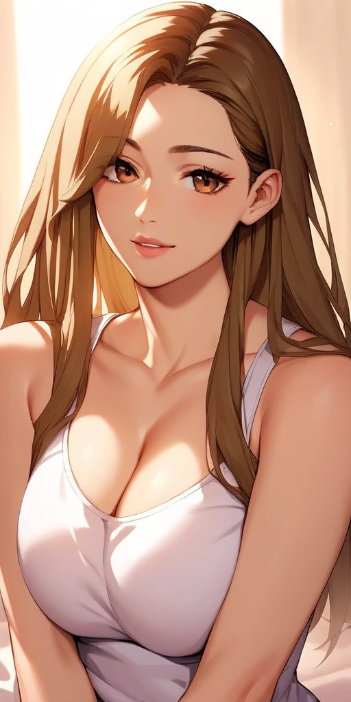 (best quality, highres), portrait, upper body, cool type adult woman, long hair, swept-side bangs, [[[brown hair]]], blonde hair, brown eyes, tank top, plain wall, ultra detailed cg
