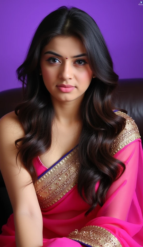 A hot Indian girl slim sexy body very beautiful sharp jawline, purple eyes, white skin tone,lite red lips (hourglass figure) wear white sexy saree hands up and giving a hot style