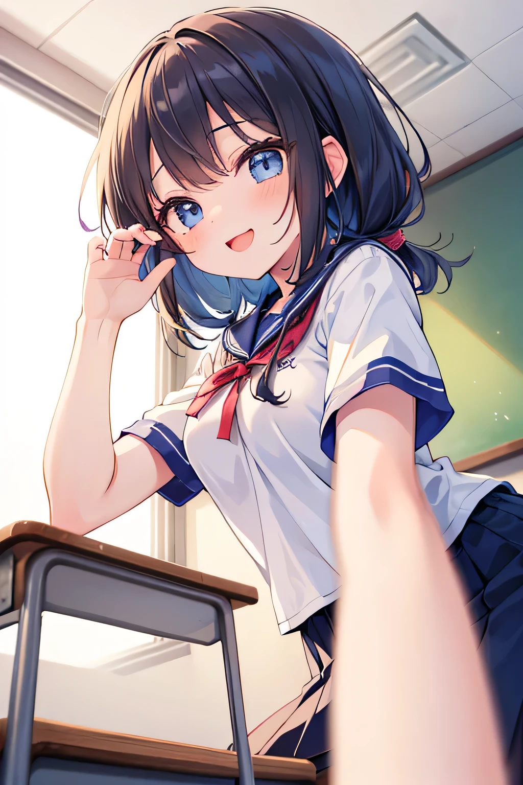 ((( masterpiece, Highest quality))), ((girl)),、On the desk、at close range、School、From below、Lift up your skirt:1.3、cute、Schoolの、ribbon、Spread your legs wide、Black Hair、Medium Hair、Low Twintails、String Panties、Life、Embarrassing、((close)), ((Blushed)),vapor ,,Sweat、vapor、Perfect lighting、Natural light、Perfect composition、blackboard