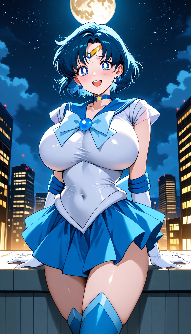 (masterpiece, Highest quality, so beautiful, Super detailed), Intricate details, 4K,40YO, 1girl, 独奏, perfect sexy female body, rooftop, skyline, night, fog, starry sky, full moon, bishoujo senshi sailor moon, EPsmSailorMercury, short hair, blue hair, Blue eyes, skirt, white gloves, cowboy shot, tiara, choker, 独奏, pleated skirt, blue skirt, smile, gloves, circlet, blue choker,, elbow gloves, sailor collar, back bow, sailor senshi uniform, jewelry, bow, blue bow, magical girl, blue sailor collar, Leaning forward,Huge breasts