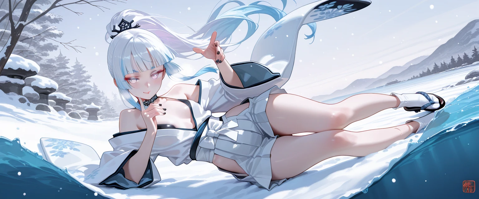 Very cute girl、(14 years old)、white hair、Long Straight Hair、Bangs are too close to the eye、Light red eyes、(Normal human ear)、Thin arms、Beautiful body、Slim legs、Shapely breasts、Transparent white skin、smile、(T-Shirtini skirt、White and blue)、I know the shape of the nipples、Ultra HD、Digital SLR,Sit on、