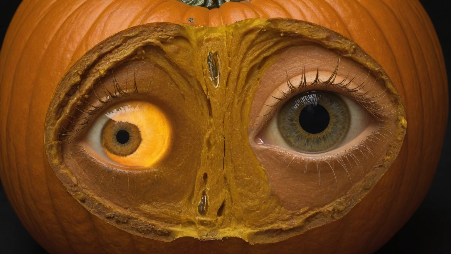 An image of an eyeball inside an apple, half-rotten, Eaten from inside, illustrating internal decay and neglect.