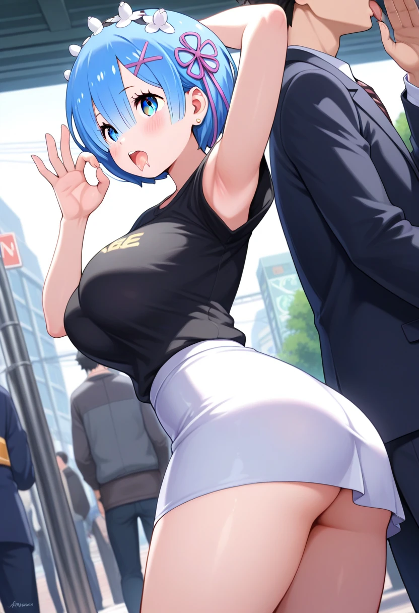 blue eyes, high res, ultrasharp, masterpiece, skinny legs, crowd not notice visible to viewer, secretly having sex, very close to other people, long wet shirt, tiny girl, pussy penetrated by a penis, smile, fucked while walking