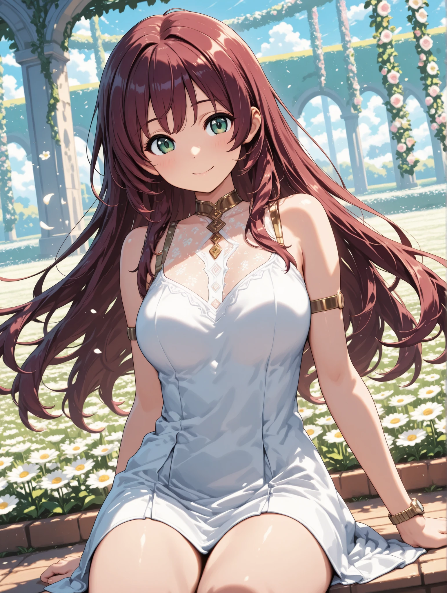 (masterpiece), (Highest Quality), Ultra High Definition, sharp concentration in nude clothes, ((1 woman, alone)), upper body, Dutch Angle, Beautiful Delicate Hair, maroon hair, Long hair falls off , Beautiful Detailed Faces, ((Beautifully shaped eyes, green eyes)), perfect feminine face , watches the audience, smile, Feminine Light Outfit at Lily Flower Farm, At the lily flower farm, sitting on the ground