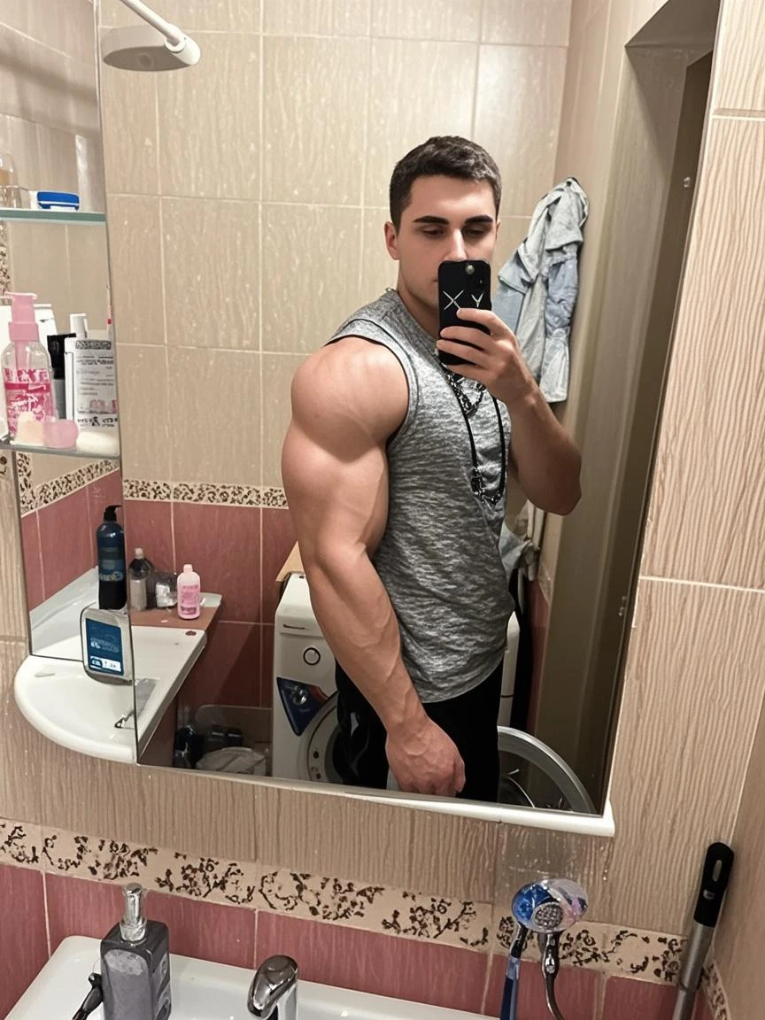 ((masterpiece)), ((best quality:1.2)), High Resolution, 8k, (ultra_realistic:1.3), (photorealistic:1.4), sharp focus, yaoi, nsfw, (vpl, wet blue nylon shorts), (a handsome man use a phone to take a picture of himself in front of a mirror:1.2, sexy pose), handsome, standing, (bare chest, shirtless), black short hair, age 20, detailed super handsome young face, blush, sweat, (detailed muscular biceps and triceps:1.3), (large pectorals, nipples), muscular thighs, narrow waist, hip bones, male focus, in bathroom, grey marble wall background