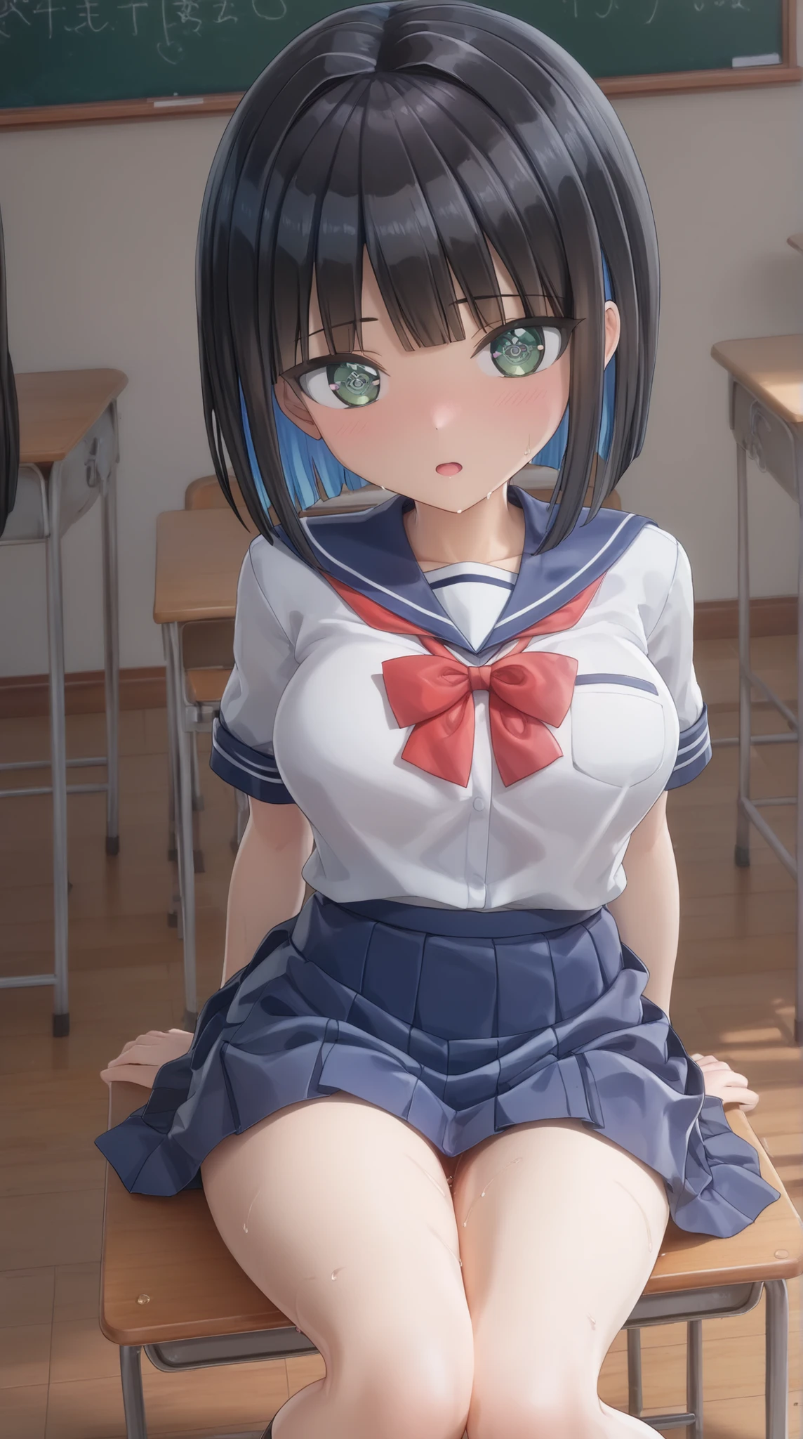 ((PVC:1.5))、masterpiece、Highest Quality、(Beautiful white school uniform with:1.8)、rough breathing、a lot of sweat、beautiful hair、detailed beautiful face、Beautiful Shadows、and open your mouth、(1 girl)、blushes、( Beautiful Fair Skin:1.lender waist 、cute face、big eyes、open your legs、moist eyes、INES 、( cross-shaped pupils )、black hair、short hair、bob cut、dull bangs、colored inner hair、split bangs、(sitting on a chair in the classroom)