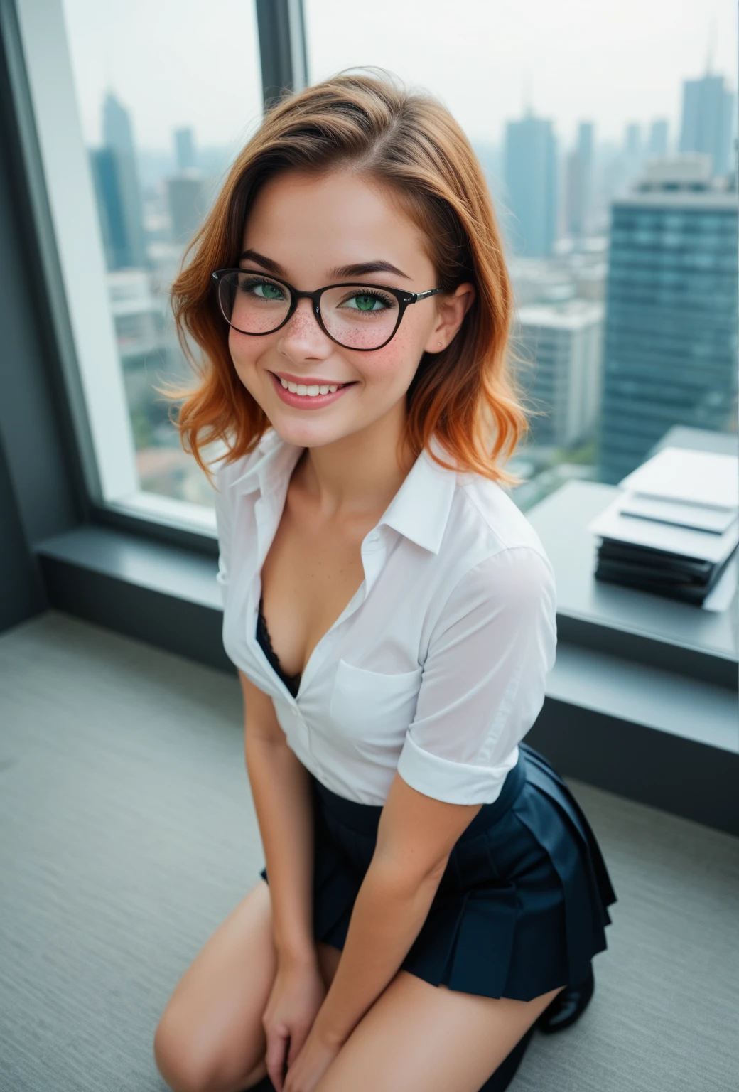 hyperrealistic beautiful busty 18-year-old women wearing latex men's suit jacket and trousers, glasses, model shooting full body photography, view from behind, natural redhead short straight ponytail, dark eye makeup with eyeliner, seductive smile, small necklace, 8K, Best quality, Meisterwerk, ultra high resolution, (Realismus: 1.4), Originalfoto, (realistische Hautstruktur: 1.3), (Filmkorn: 1.3), (Selfie-Winkel), 1 girl, Beautiful round hazel eyes and facial details, Meisterwerk, Best quality, selfie-pic-posing outside with modern city skyline, nsfw
