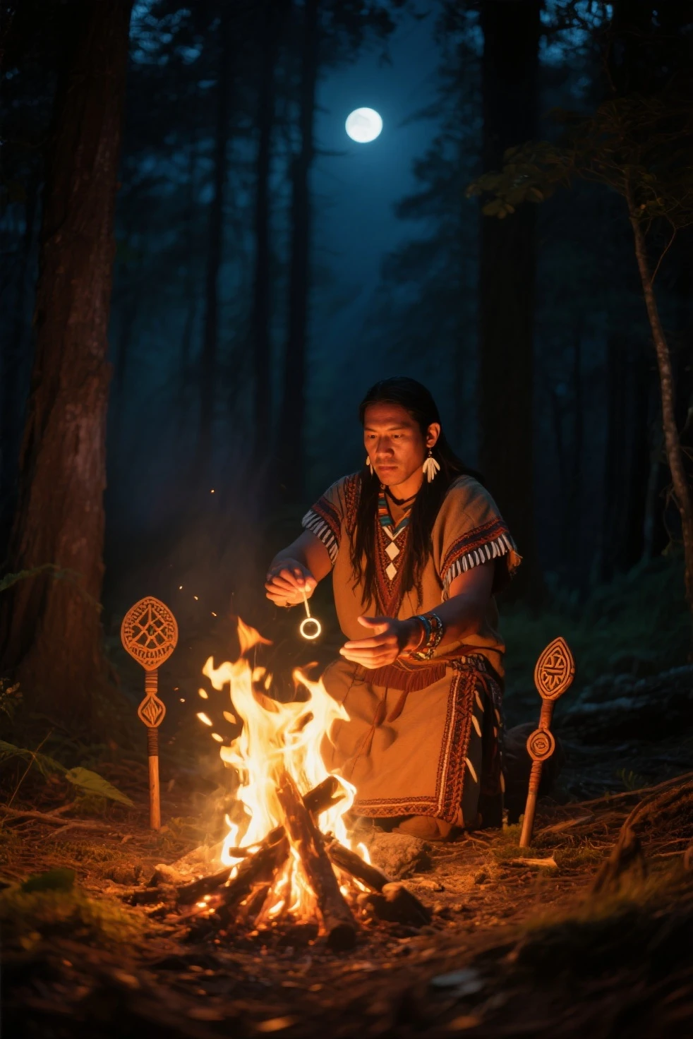 Native American Indian meditating with the moon in the background next to a campfire , at the forest