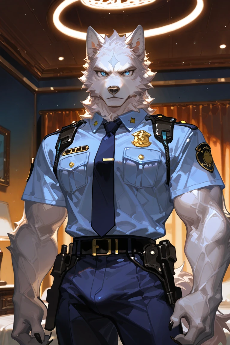 polar bone, police, muscular, blue eyes