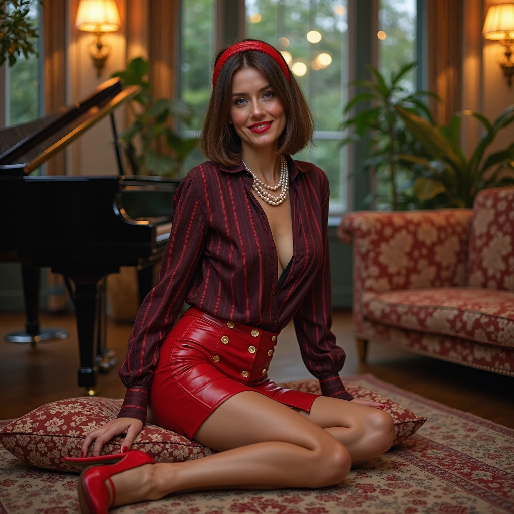 In the image, a light brunette woman is in a room with wooden floors and furniture. wearing tight and simple clothes, full body wide shot, full body shot, mini skirt. She has short hair and wears a vibrant red t-shirt and a short black skirt. Her arms are crossed over her chest and she rests one foot on a chair. The room around her is bright, with wooden furniture and a patterned rug. The room appears to be a dining area, as indicated by the table and chairs in the background. There are no texts or other objects that can be safely represented in this image. A woman with white skin and dark hair, large and charming, seems to contain a world of wonders and her face is the definition of beauty, highly realistic, reddish skin, beautiful, slightly full lips, red lipstick, smiling, a feeling of lightness and joy , hyperrealism, very elaborate skin, full body photo, sharp photo, high quality, high resolution, masterpiece, high quality, high resolution (ultra quality masterpiece), Ultra HD, high contrast, 16K masterpiece : 1.3, high resolution, (photographically realistic) HD, high contrast, masterpiece 16K:1.3, high resolution, (photographically realistic). full body photo, clear photo, high quality, high resolution, masterpiece, high quality, high resolution (ultra quality masterpiece), Ultra HD, high contrast, 16K Masterpiece: 1.3, high resolution, (photographically realistic) HD, high contrast, 16K Masterpiece: 1.3, high resolution, (photographically realistic), NUDE, NUDITY, NFSW.