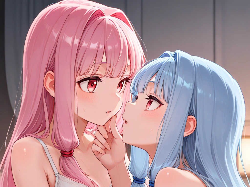 (((Two girls kissing and touching each other's crotches on the bed)))watercolor, masterpiece, Highest quality, Very detailed, Two girls kissing, whole body, Beautiful fine details, Cute anime face, whole body, Beautifully detailed face, Long blonde hair, (Lesbian illustrations:1.5), White sheer frill dress,(((nsfw)))(((naked))) I can see your crotch Artemis Venus