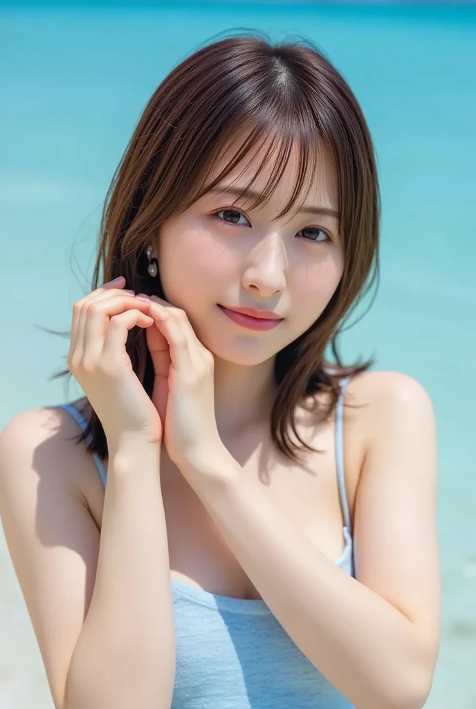 Top quality, 1 beautiful japanese woman, medium hair, shy-smile, wearing white micro bikini, 35mm lens, f/1