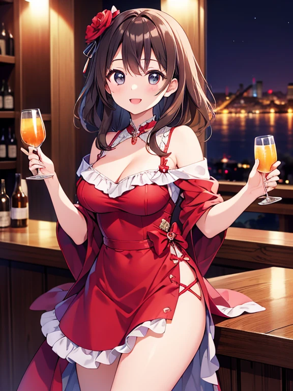 (masterpiece, top quality, detailed drawing, beautiful hair, beautiful eyes, perfect face, perfect anatomy), crowded bar, short twin tails hair, black hair, very baby face, droopy eyes, heterochromia, pink eye, orange eye, ((very huge breasts)), height 145cm, 13 year old girl wearing big bunny ears, smiling and carrying drinks wearing big bunny ears and a very tight bunny-girl outfit, smiling and serving drinks