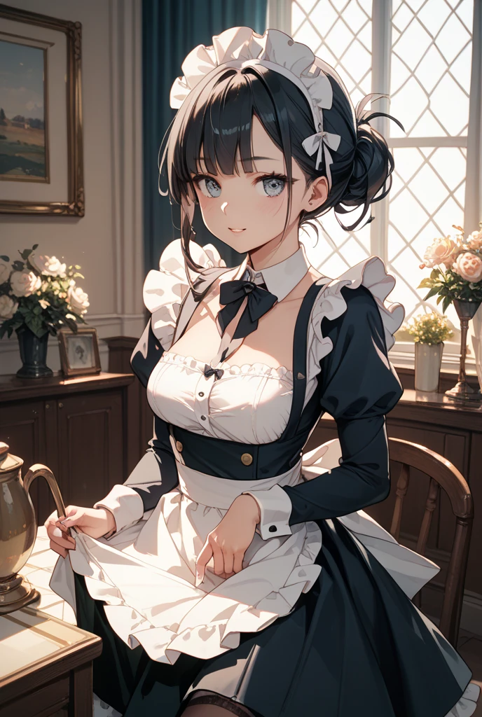 (highest quality、16K、masterpiece、ultra high resolution、Victorian era、Photoreal:1.2)、cowboy shot、One length bob cut braided hair clip with front drop、brand uniform　cute、clear、 Tsundere、heroine attributes

