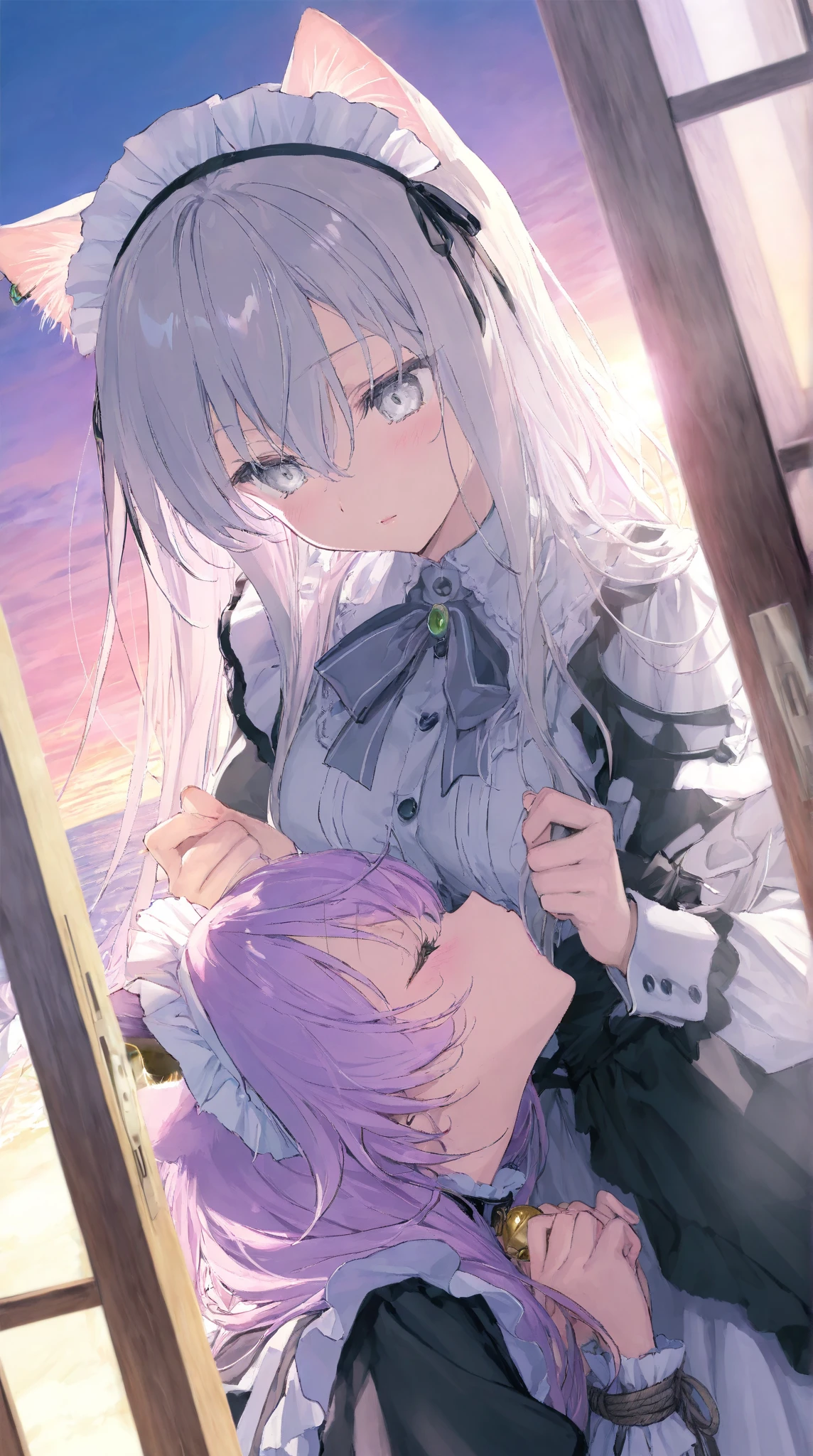 nsfw,((one man and one woman,having sex)),(supright straddl),hug,kiss,long tongue,from side,vaginal penis,bare chest,show off your nipples,linnie, bangs, (purple eyes:1.1), twintails, hair ribbon, pink hair, horns, black ribbon, demon horns,long sleeves, dress, ribbon, frills, puffy sleeves, black ribbon, juliet sleeves,Highest image quality,masterpiece