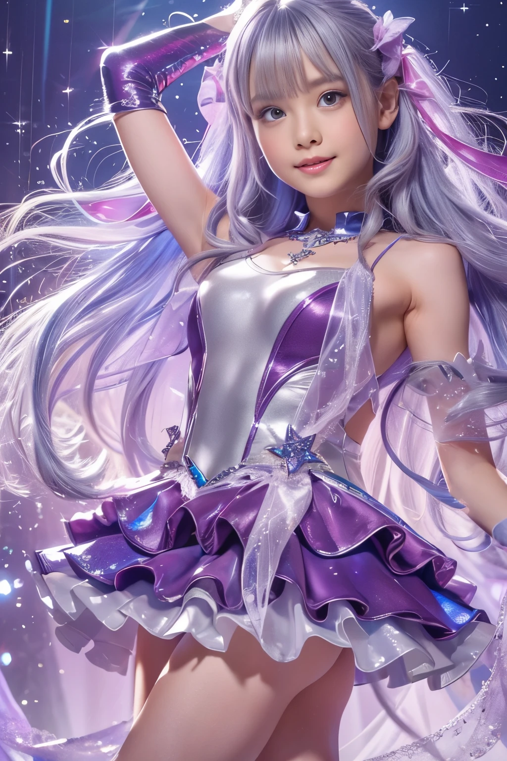 ((A towering Giantess)) She seems to be casually strolling through the bustling cityscape ((Bending over)) is an insanely besutiful goddess ((smiling)) the wind catches her blonde curly long hair covers one side of her blue eyes with pink highlights, glossy pink lips, purple crystal tiara with floral diamond, silver rings bedecker her slender, pale hands, wearing a fittish elegant white off shoulder gown, with transparent silver lace and a diamond covered corset covers her waist, black straps hangs over her hips. Attached to the straps is a black leather bag