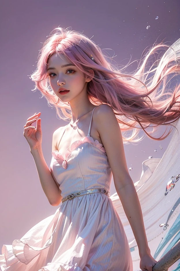 (8k, RAW photo, photorealistic:1.25, Masterpiece) ,( lip gloss, eyelashes, glossy side, shiny skin, best quality, ultra-high resolution, depth of field, chromatic aberration, caustic, wide light, natural shadow, headwear, Kpop idol) ,light pink and blue style, 1girl, (blue sky: 1.5), tall and thin beauty goddess, flowing dress, conservative girl, cloud goddess, flowing white fabric, Wearing a flowing dress, realistic, (background with blue sky and white clouds: 1.4), (wind: 1.5), (full body: 1.5), add_detail,