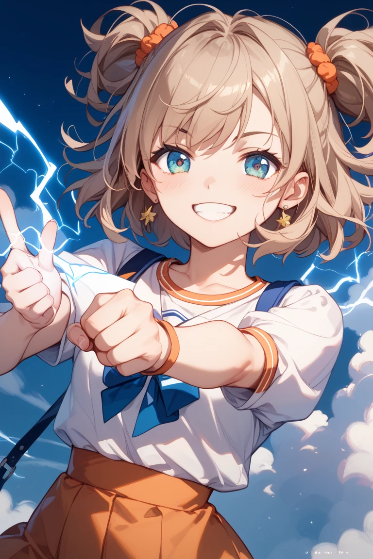 score_9,score_8_up,score_7_up, source_cartoon, source_furry, dragon girl, horns, tail, mohawk hairstyle, gold hair, spike hair, gold eyes, furry, blush, dragon tail, looking at viewer, smile, 1girl, dragon horns, pointy ears, long side hair, furry girl, :3, white body fur, ((school uniform, school shirt, blue skirt)), school, clear sky, standing, short body, tiny body, , midas magic, magic particles, midas magic on hand palm,