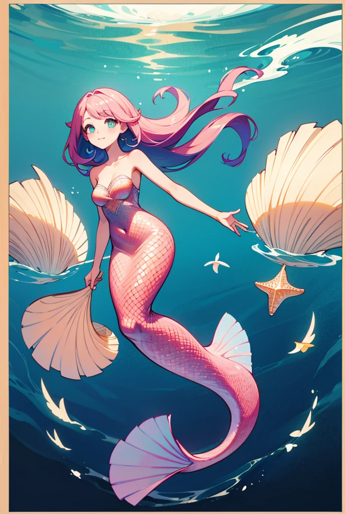 masterpiece, best quality:1.2), 1girl, smile, looking at viewer, purple eyes, blonde hair, mermaid, mermaid girl, wearing purple seashell bra, sitting on beach, pink mermaid tail, outdoors,