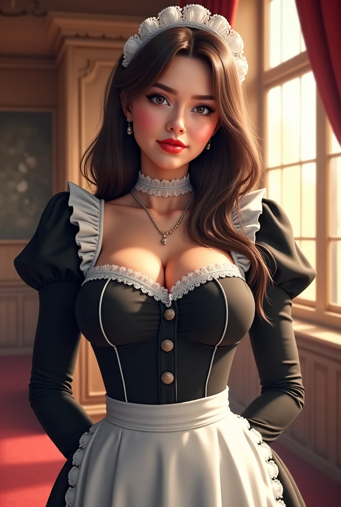 A pretty maid. best quality, masterpiece, Auburn hair, sky blue eyes, wearing a steriotypical French maid outfit, (headdress、white blouse、black ribbon、White Apron、ruffle skirt、puff sleeves、collar、choker、apron with fine ruffles：1.3)、black maid costume). looking up, upper body,hair strand,Fair skin, Large chest,. Adorable, mature Woman,detailed big-eyed woman, round face. promenent red lips. Smileing,In the mansion library, large ass, Picture from the side,looking at the scenes, intense colors, Very valuable details, complex details, volumetric lighting, digital art, 8k, trending on Artstation, Clear focus, complex details, highly detail, Greg Rutkowski Big Eyes, high-resolution, Auburn hair. Olivia Munn., attractive chest, .Photorealistic. Confidence, self esteem, assertiveness, dominance. wide Amused smile. Sultry expression. , Cleavage. Perky bosum.
