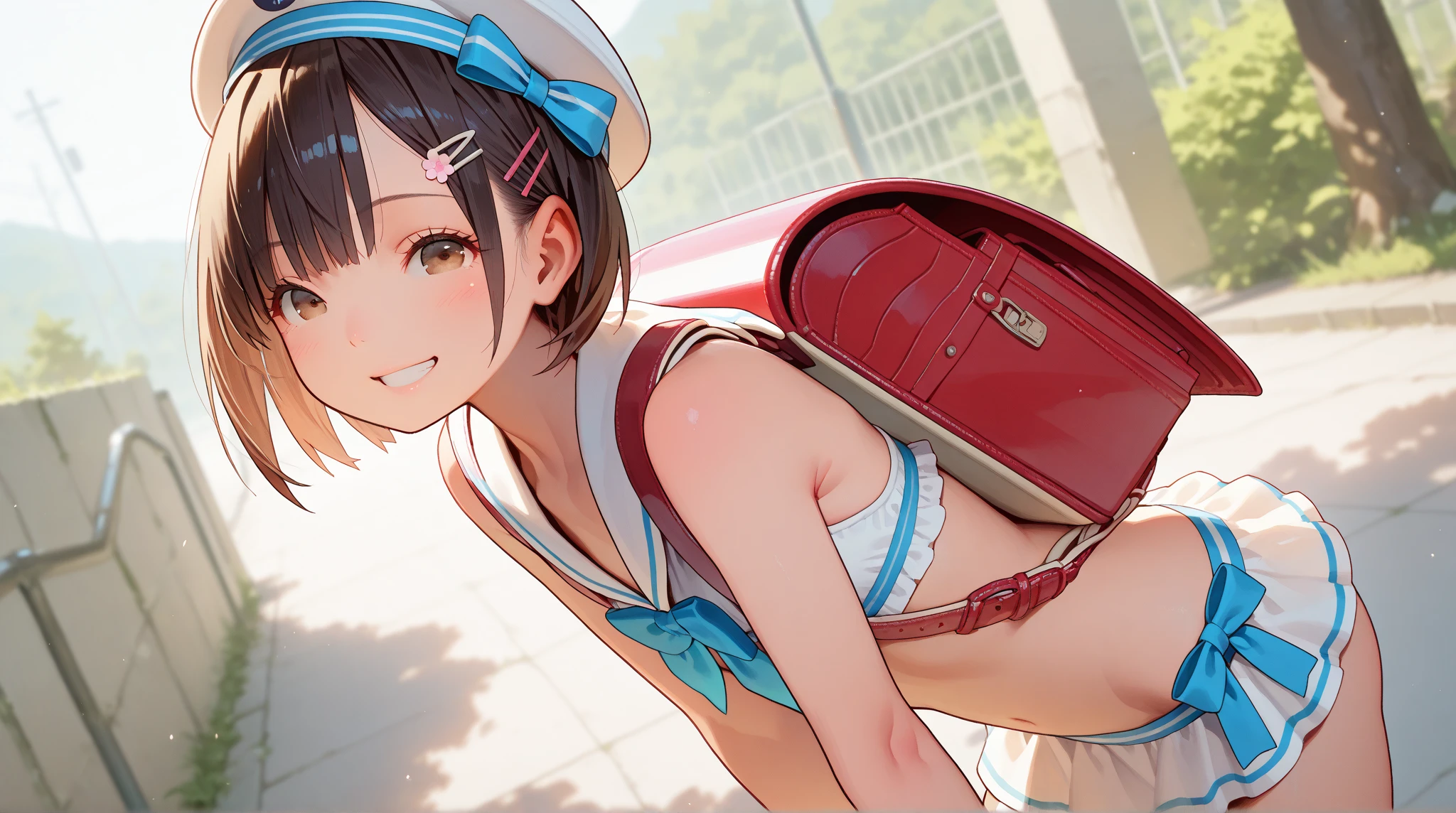 (((masterpiece, Highest quality, High resolution, 超High resolution, Pixel Perfect, Written boundary depth, 4K, RTTX10.0))), Beautiful Anime Woman, Beautiful art style, Anime characters, ((Smooth texture, Realistic texture, Anime CG style)), Exact finger count、Exact number of legs、(Exact number of arms:1.0, Exact number of hands:1.0), (Perfect hands, Perfect Anatomy), Cinematic, Realistic, Extremely detailed CG, Daytime lighting, Perfect lighting, Best Shadow, The best natural light, whole body, Perfect body, (Slender body:1.2), ((Long Hair, bangs, Dark brown hair, Stylish hairstyle, Bobcut)), ((1人のcute女性はセクシーに歩いている:1.6)), ((alone:1.0)), beauty, cute, ((Fashionable white shirt, Sailor collar:1.3), Tie the bottom of your shirt short:1.3), ((セクシーでcute青下着:1.3), (Stylish shiny blue satin panties, Side Tie Lace Panties:1.3), (Thin panties:1.3):1.3), (beautiful and big breasts:1.2), (Beautiful and thin thighs:1.3), Feeling embarrassed, (blush:1.2), (Very embarrassed look:1.4), (At an outdoor amusement park, Ferris wheel and amusement park backside, Happy people in the background々々々:1.3), whole body, Angle from the front、Large Breasts