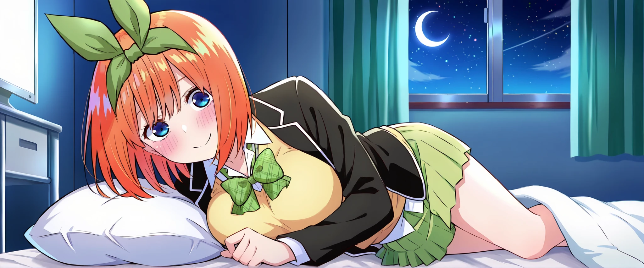 1girl,unwellness sickness nakano yotsuba, large breasts, orange hair, blue eyes, short hair, hair between eyes green bow hairband, black blazer, open blazer, yellow sweater vest, white collared shirt, bowtie, plaid bowtie, green skirt, pleated skirt,knee up,Infirmary,bed,screen,lie down on a futon,crescent moon, star (sky), dark room, night sky,
