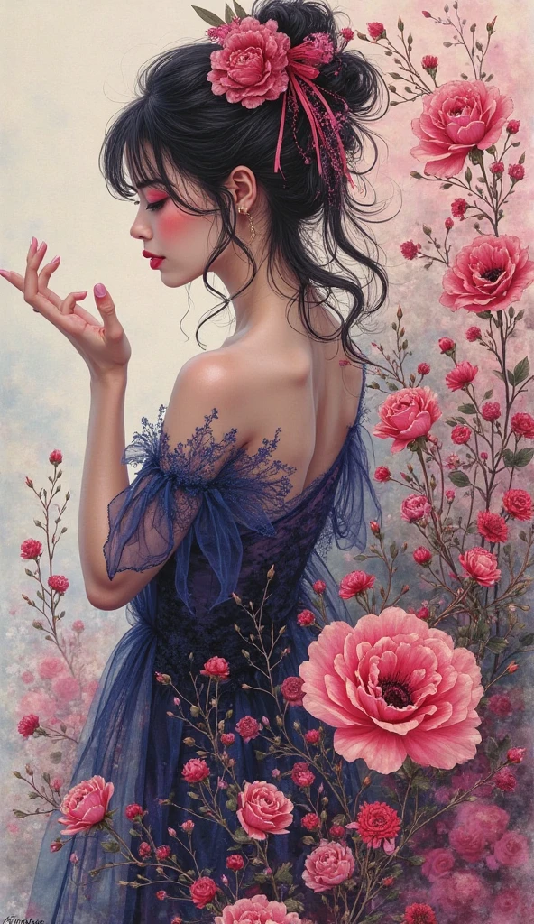 1girl,flor, Lisianthus ,En el estilo de rosa claro y azul claro, dreamy and romantic compositions, pale pink, ethereal foliage, playful arrangements,fantasy, alto contraste, ink strokes, Explosiones, over exposure, purple and red tone impression , abstracto, ((acuarela de John Berkey y Jeremy Mann )) Pinceladas, espacio negativo, NSFW