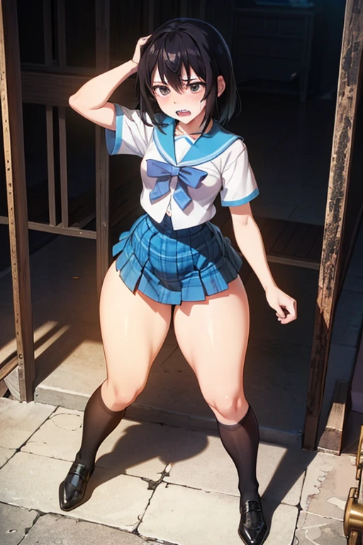 (best quality, 8k, highres, photorealistic:2.0), (solo, one girl:2.0),(lighting: strong),(lighting: front),(She screams as she climaxes intensely.:1.9),(very muscular girl:2.0),(bodybuilder girl:2.0),(oily skin:2.0),(black short hair:1.5),(Squat down on one knee and spread your legs apart.:1.5),(raise both arms behind your head:1.5),(wearing black loafers:1.5),(short sleeve school uniform),(short white shirt),(blue sailor collar),(red neckerchief),(white socks),(blue skirt),(blue pleated mini skirt), (Wearing white panties),Photographed in front of high school