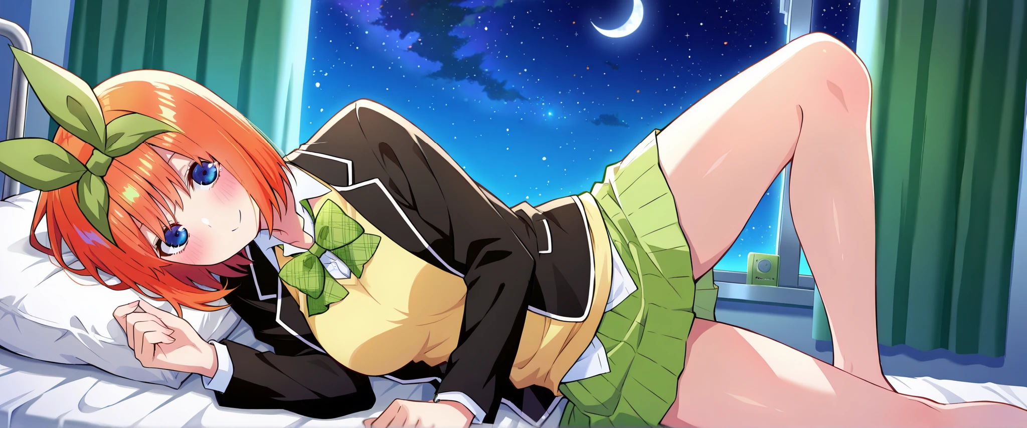 1girl,unwellness sickness nakano yotsuba, large breasts, orange hair, blue eyes, short hair, hair between eyes green bow hairband, black blazer, open blazer, yellow sweater vest, white collared shirt, bowtie, plaid bowtie, green skirt, pleated skirt,knee up,Infirmary,bed,screen,lie down on a futon,crescent moon, star (sky), dark room, night sky,