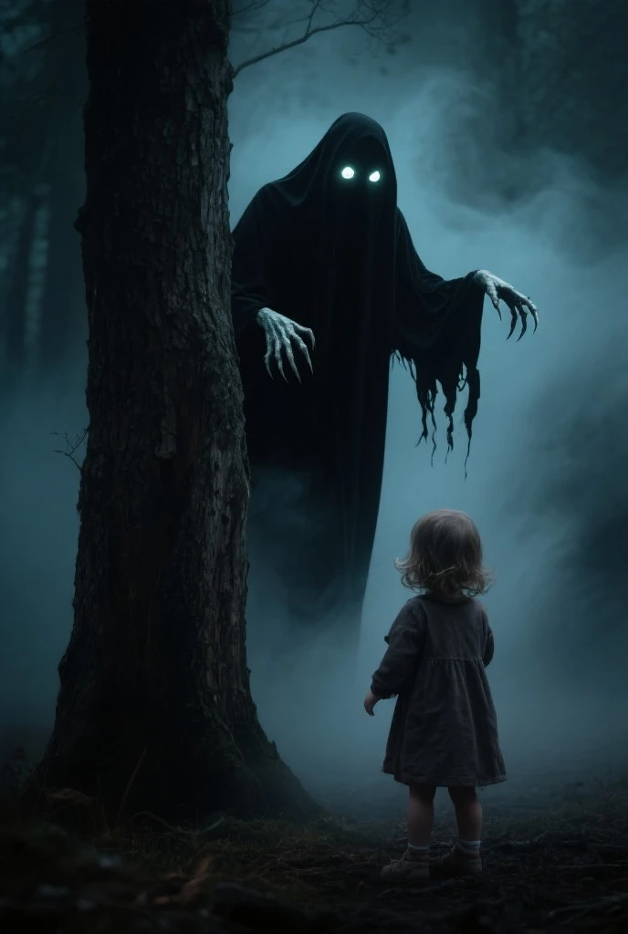 A glowing, sinister figure of the witch watching the girl from behind a tree.