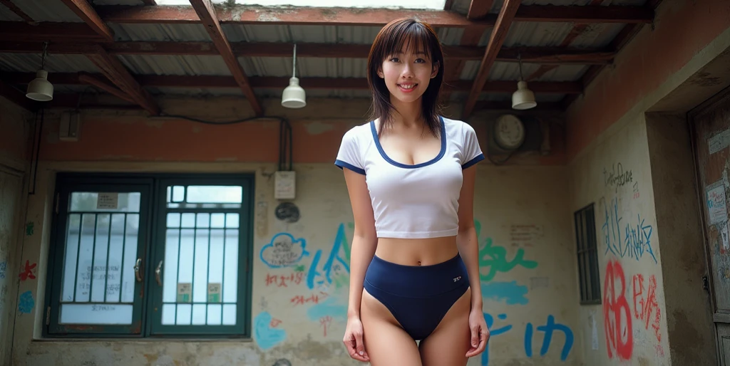 ((Top Quality, 8K, Masterpiece: 1.3)), 1 Girl, Slim, Brown Hair, Medium Bob, Big: 1.2, Large White Gym Clothes, Dark Blue Bloomers, (Ultra Slender Face, Delicate Eyes, Double Eyelids, Smile: 1.0), Lawn