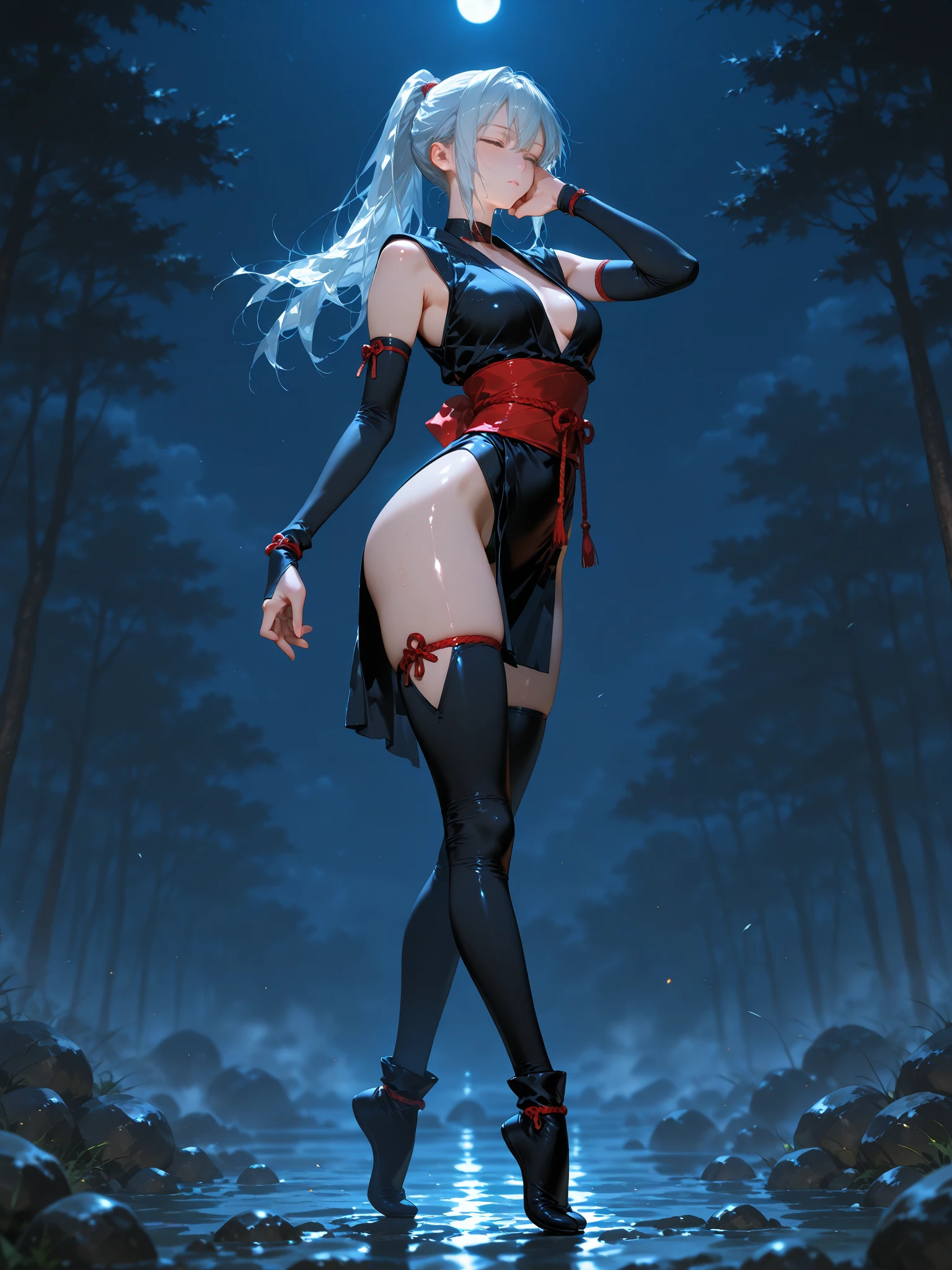 best quality}, {{masterpiece}}, {highres}, Perfect waist cut, Large breasts, Warrior girl with a small short sword on hand, Skimpy organza transparent clothes, organza elements on clothes, net clothes, leather glossy elements on clothes, dark blue hair with red highlights, (perfect nose), Seductive gaze, dark blue knee high boots on high heels with red highlights, (Best Illustration), 8k Resolution, Intricate Details, Best Quality, Realistic, Ultra Detailed, Best Lighting, Best Shadows, Ultra HD, A Necromancer style, Night, Magic, Dark Style, Vampire, (shining red eyes:1.6), masterpiece, high_res, Beautiful face, tyndall effect, photo realistic, (high detailed skin:1.2), 8k uhd, dslr, high quality, Photograph, high resolution, 4k, 8k, Bokeh, absurdres, ponytail contorted, best ratio four finger and one thumb, front view, dark blue hair gorgeous, perfect proportional skinny fitness body, full body view, wet skin, wet clothes, dark cathedral baground scenery, huge bobs, belly muscle, long fit perfect legs, fishnet dark red Stockings, realistic reflection in the water