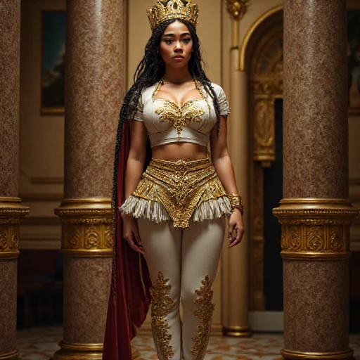 A Black woman in her early 20s with long straight black hair, wearing a gold embellished bra and a yellow skirt. She has a crown on her head and is adorned with jewelry, including earrings and a necklace. The background is a solid pink color