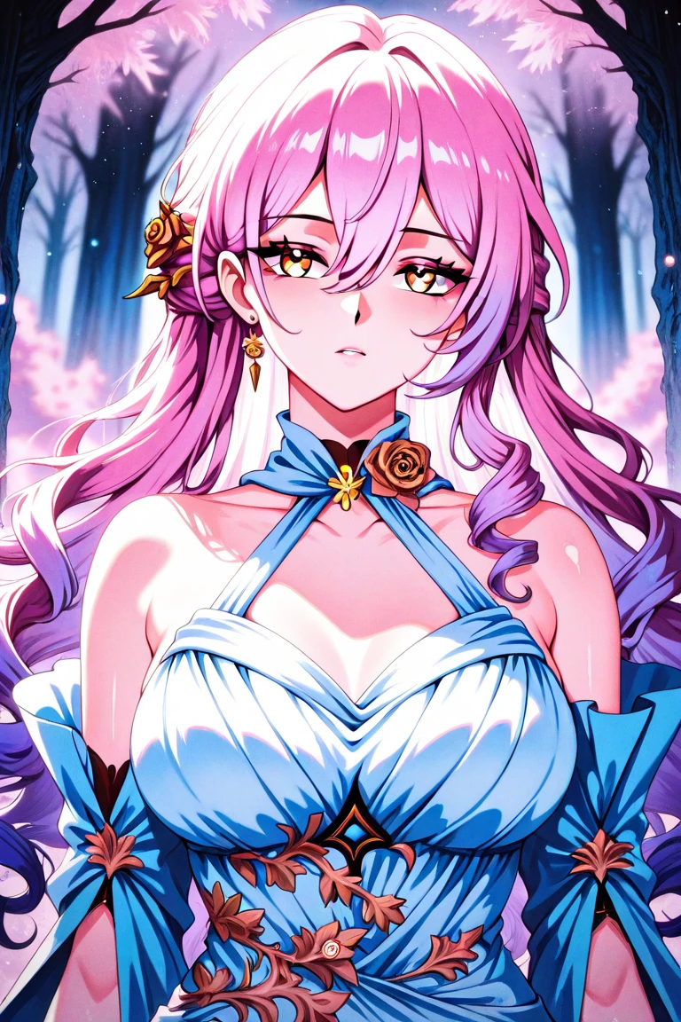 1girl, solo, long hair, breasts, looking at viewer, smile, bangs, large breasts, hair ornament, thighhighs, gloves, shinigami dress bleach, cleavage, hair between eyes, bare shoulders, jewelry,

closed mouth, yellow eyes, ponytail, pink hair, multicolored hair, cowboy shot, earrings, white dress, thigh strap, single glove