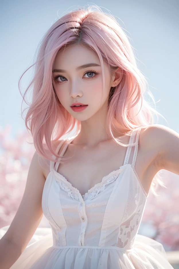 1 girl, chinese princess, extremely beautiful, perfect body. Photo taken with Canon EOS R5 85mm f/11 Camera, ((sharp)) mode of people and surrounding scenery. Image quality ((8K)), ((lifelike)), ((masterpiece)), ((sharp and highest contrast)), ((great depth of field)), ((light stereolithography)). ((Pink hair)), long and smooth, the wind blows it beautifully under the bright sunlight. Beautiful face, perfect and sexy, holy, perfectly balanced, ((beautiful in every detail)), ((shiny)), ((high-end cosmetic makeup)), ((shiny bright, radiant)). Bright smile, pure white teeth and details. Seductive glossy red lips, ((brilliant glossy red lipstick)). The eyes are brown, glossy, seductive, ((sharp makeup)), realistic, ((wet eyes)) and detailed. Pink eyeshadow, long eyelashes, blush, high-end cosmetics. Two delicate eyelids, perfectly beautiful and detailed, black eyelashes. Eyebrows are curved, sparse, sharp and detailed. High and detailed nose. Cheeks are prominent and detailed. ((Ivory white, bright white skin)), detailed pores, ((shiny skin)), smooth, rosy, flawless skin texture. Long, shiny legs. Beautiful, perfect hands, ((no flaws)). ((Light shines directly on the face)), bright sunlight, ((shines light on the front part of the girl's body)).
Earrings, necklace, belt, ((thin shirt)), ((shiny leather skirt)), high heels, bracelets.
Close-up photo of this girl's face.