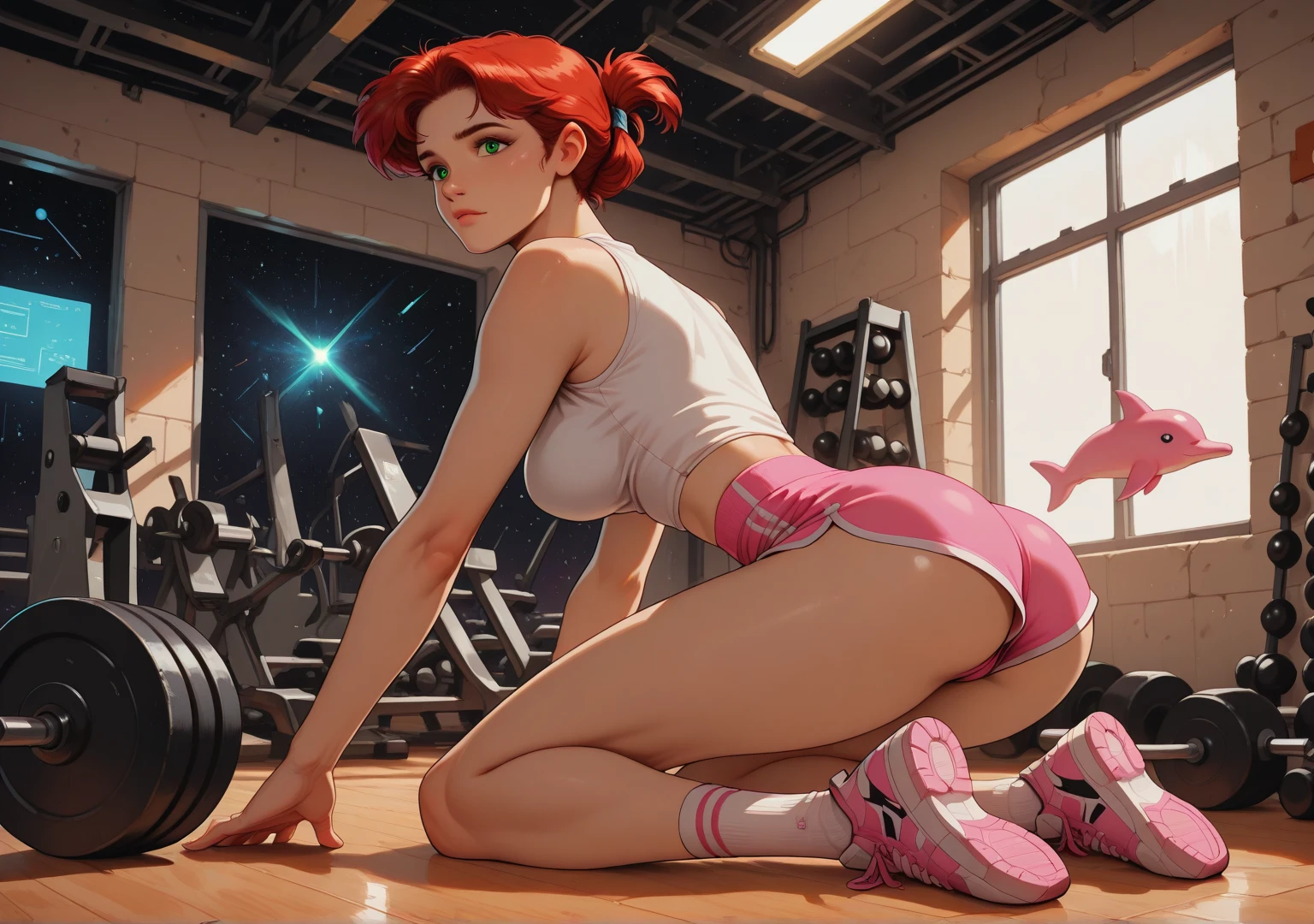 An anime scene portrays an athletic woman in a gym. Dynamic pose, muscular definition, workout attire, sweat glistening, vibrant colors, high energy, detailed gym equipment, motivational atmosphere, strong shadows, focused expression, action lines, bright lighting, modern setting, intense mood, Studio Trigger inspiration, sharp lines, high contrast, powerful vibe, training session.