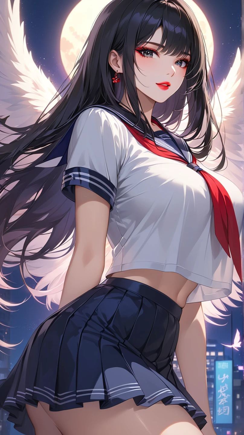 A beautiful girl with open arms posing in the air, anime girl, sailor suit, blue pleated miniskirt, reaching out, white flower print panties, white bra, underboobs, big round breasts, dark brown hair, long bangs, long hair, wavy hair, expressive hair, shiny hair, hairclip, cat hair ornament, aqua eyes, glowing eyes, pupils sparkling, earrings, open mouth, smile, grin, blush, tongue, glossy lips, upper teeth, high detail, anime, anime style, depth of field, cinematic lighting, dithering, image fill, framed, first-person view, pov, multiple views, from below, perspective, atmospheric perspective, Wide-Angle, f/1.8, 85mm, Nikon, 8k, super detail, UHD, retina, masterpiece, accurate, anatomically correct, textured skin, high details, best quality, highres, 16k