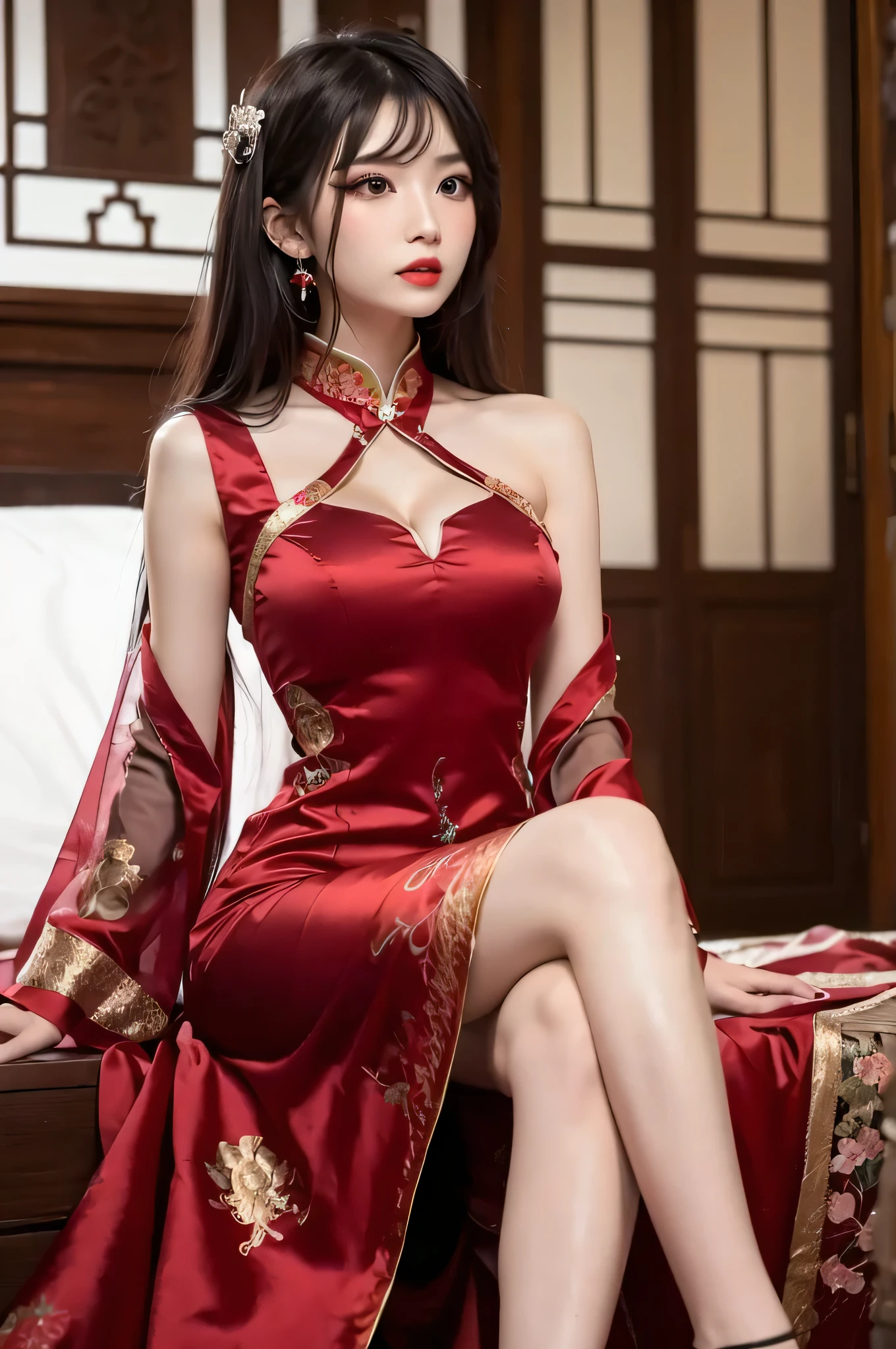 source_photo, realistic, nsfw, ruanyi0711, chinese clothes, red dress, A young Chinese bride on her wedding night, lying naked on a traditional ornate bed. Her red qipao is discarded nearby. She's in a seductive pose, legs slightly parted, inviting her unseen husband. Her long black hair is spread across the pillow, and her skin glistens with a light sheen of sweat. The room is dimly lit by flickering candles, casting sensual shadows. The bride's expression is a mix of desire, anticipation, and a hint of nervousness. Her hands are exploring her own body, demonstrating her readiness for the impending consummation of their marriage.
