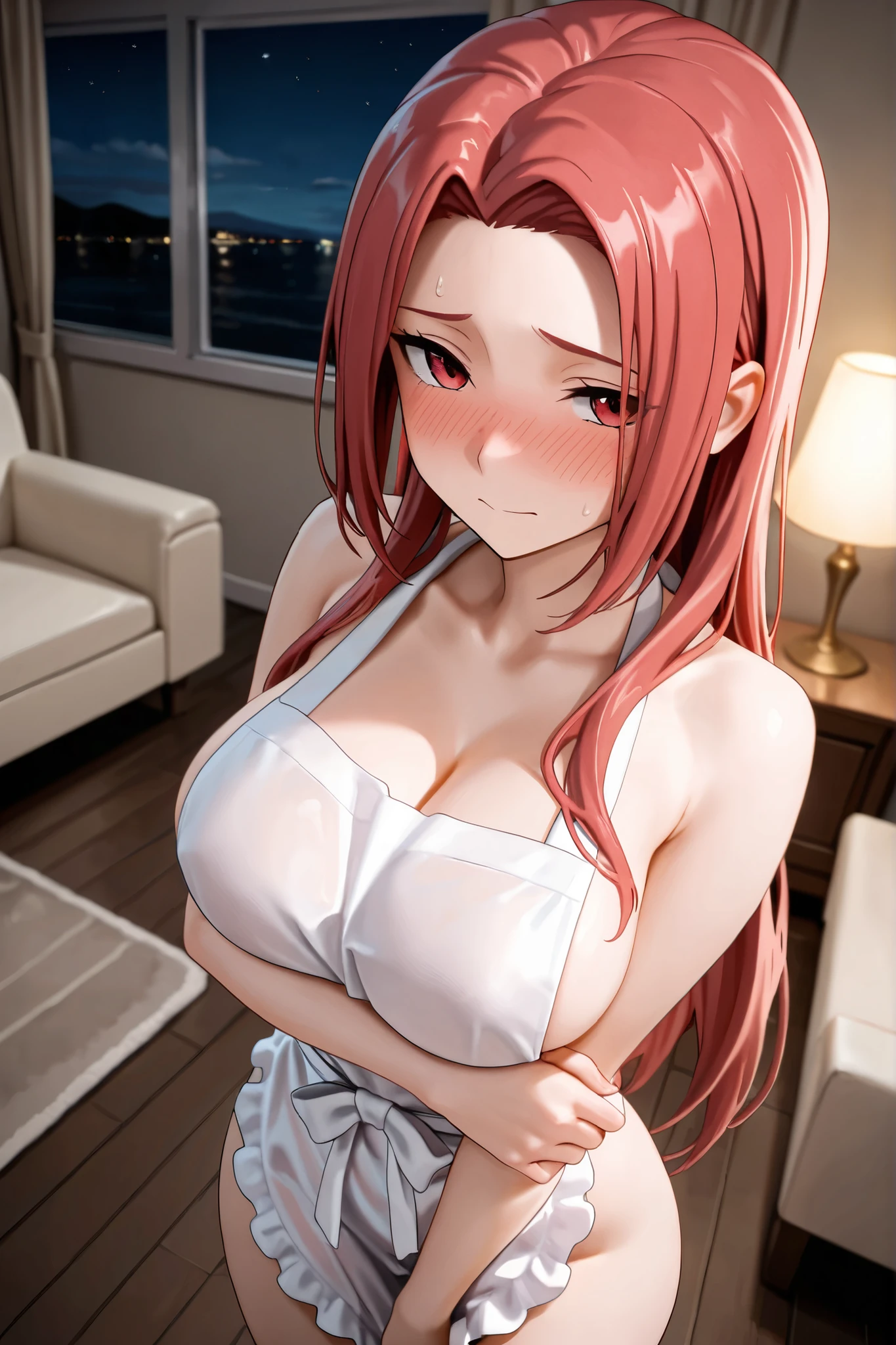 best quality, masterpiece, from above, 1girl, anime, red hair, (blush), (white camisole dress:1.1), gigantic breasts, cleavage, (hands on hips:1.1), thighs indoors, bedroom, (shiny skin:1.4)