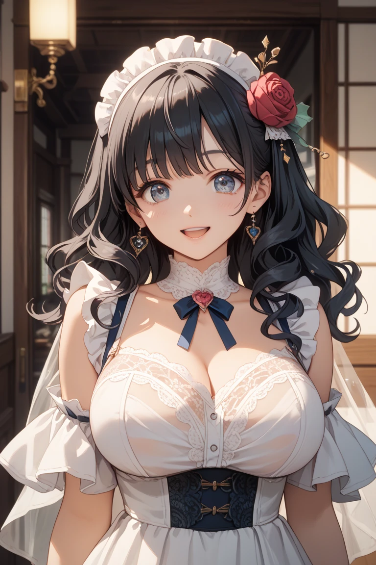 Anime Waifu beautiful detailed eyes, beautiful detailed lips, extremely detailed eyes and face, longeyelashes, 1girl, sensual, young woman, medium breasts, beautiful feminine face, nice thighs, slim, sexy, erotic, beautiful clothes, perfect body, cinematic lighting and framing, (best quality,4k,8k,highres,masterpiece:1.2),ultra-detailed,digital painting,portrait,glamorous,highly detailed,soft lighting,warm color tones One Girl、Big Breasts、Black Hair、Long Hair、Straight Hair、Ahoge、high school student、smile、Dark blue eyes、Blazer