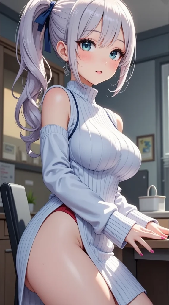 1 woman, full body, inside a hospital, hot nurse, silver hair, wearing a white apron with pink details, open apron, no panties, no bra, showing her breasts, showing her pussy, little pubic hair, pink pubic hair, slightly pinkish white skin, beautiful lips, perfect mouth, pink eyes, wearing red sandals, perfect little feet, pink painted nails, holding a clipboard in one hand (long and pink nails), holding a syringe in the other hand, orgasmic expression, clear liquid dripping from her pussy.